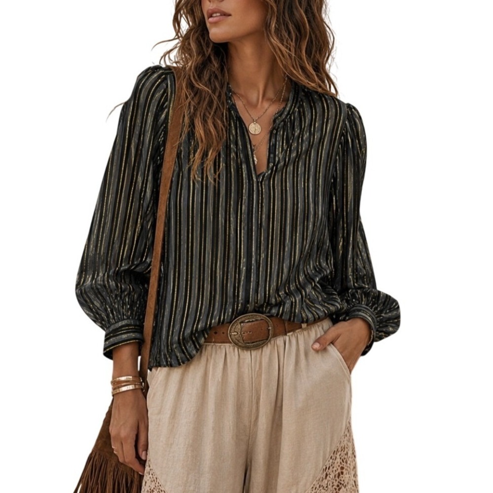 BR Retro Chic Maximalist Gold Striped Metallic Sheer Ballon Sleeve Silk Blouse